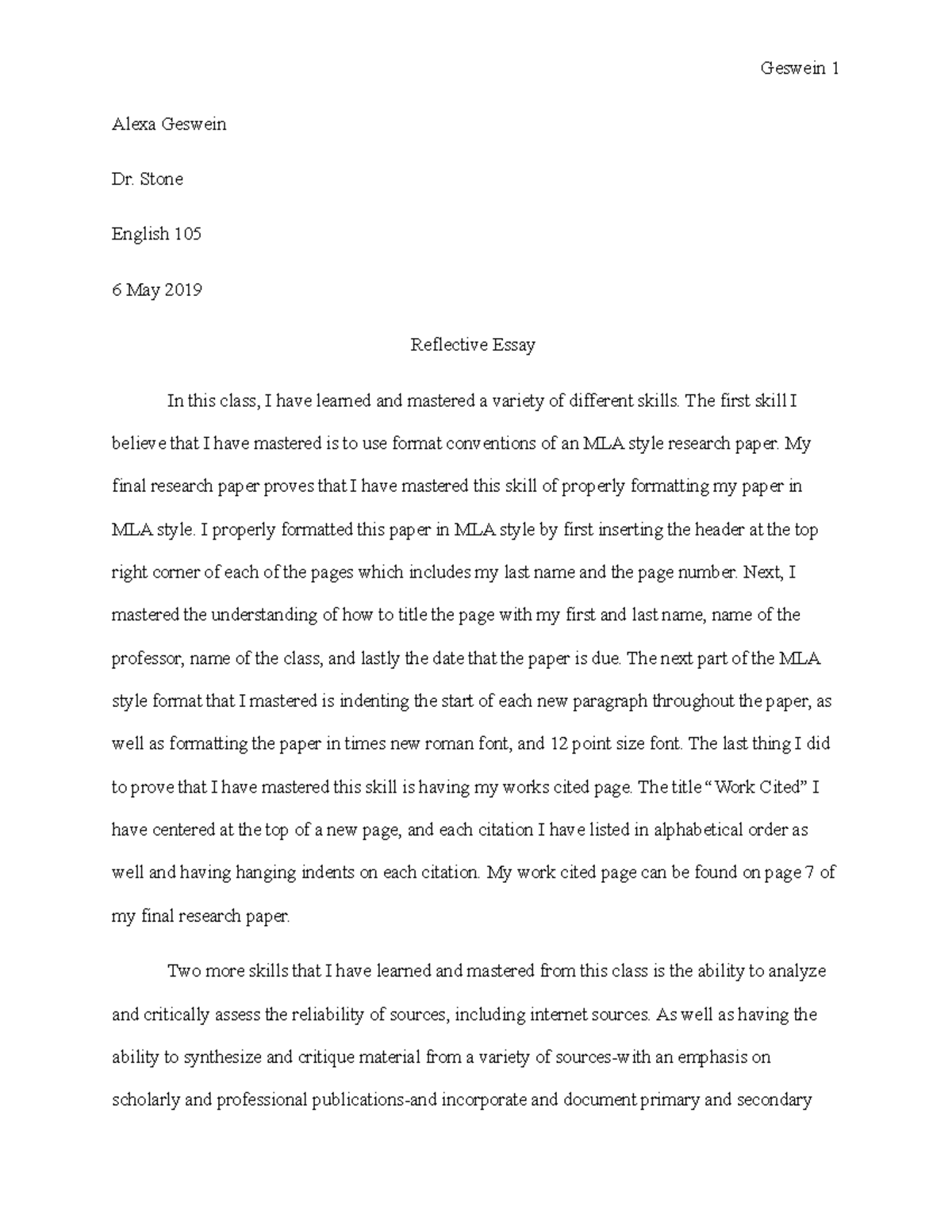 Reflective essay & research paper - Alexa Geswein Dr. Stone English 105 ...