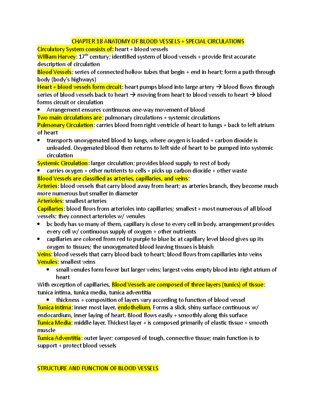 CH 18 & CH 19: Anatomy of Blood Vessels and Circulation Overview - Studocu