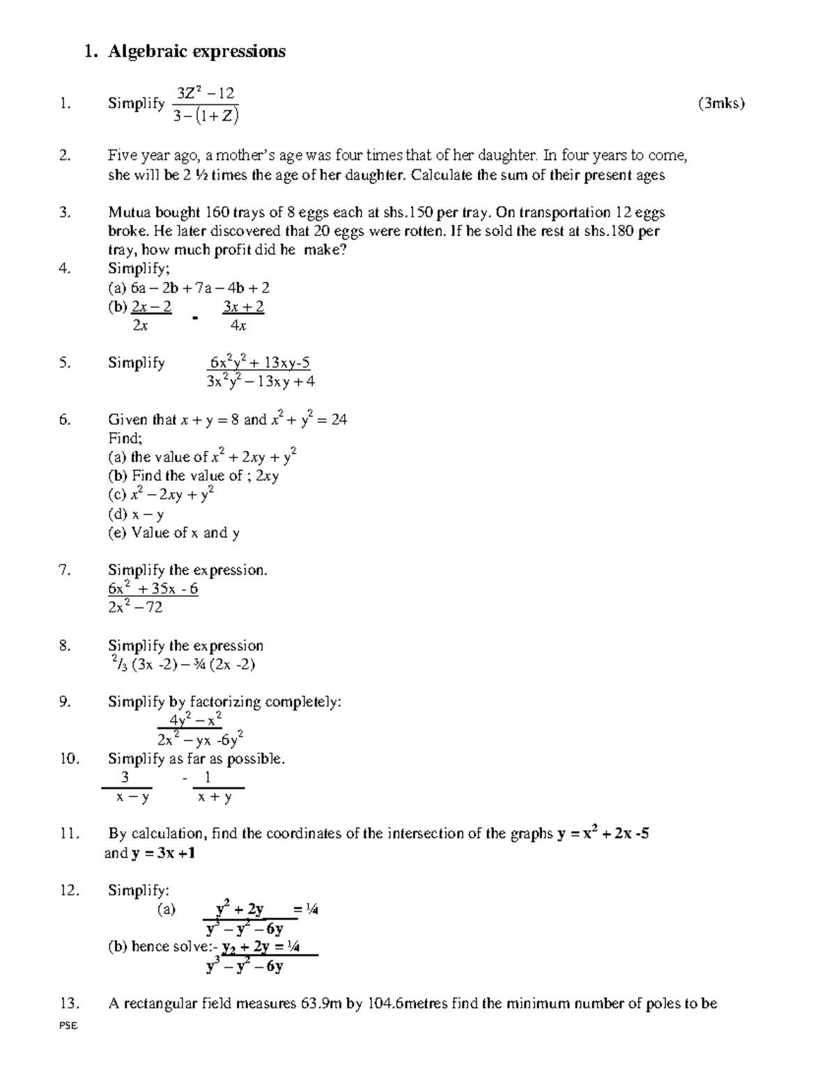 Algebraic Expressions PSE - Simplification & Problem Solving Tasks ...