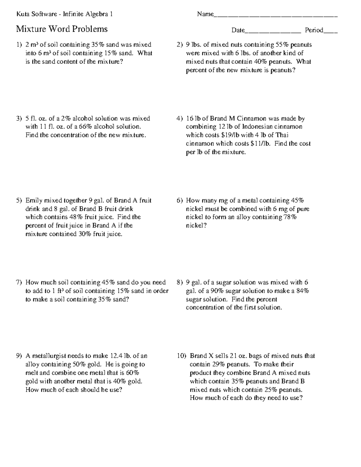 Mixture Word Problems - Math exercise - Kuta Software - Infinite ...