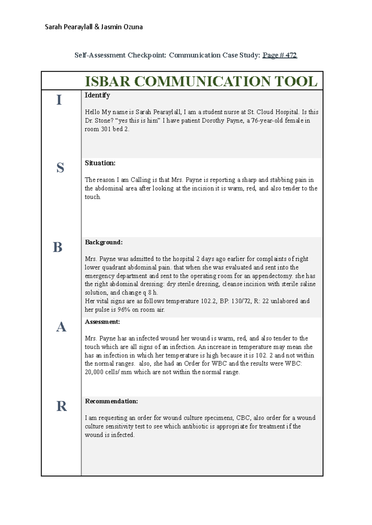 ISBAR Communication Tool Case Study for Nursing (NUR 101) - Studocu
