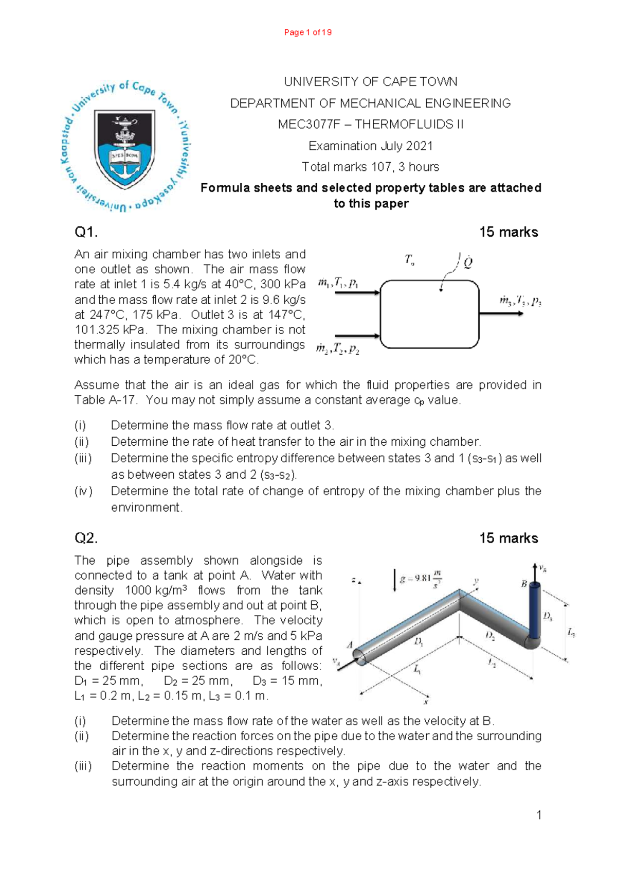 MEC3077F Thermofluids II Exam Questions and Solutions - July 2021 - Studocu