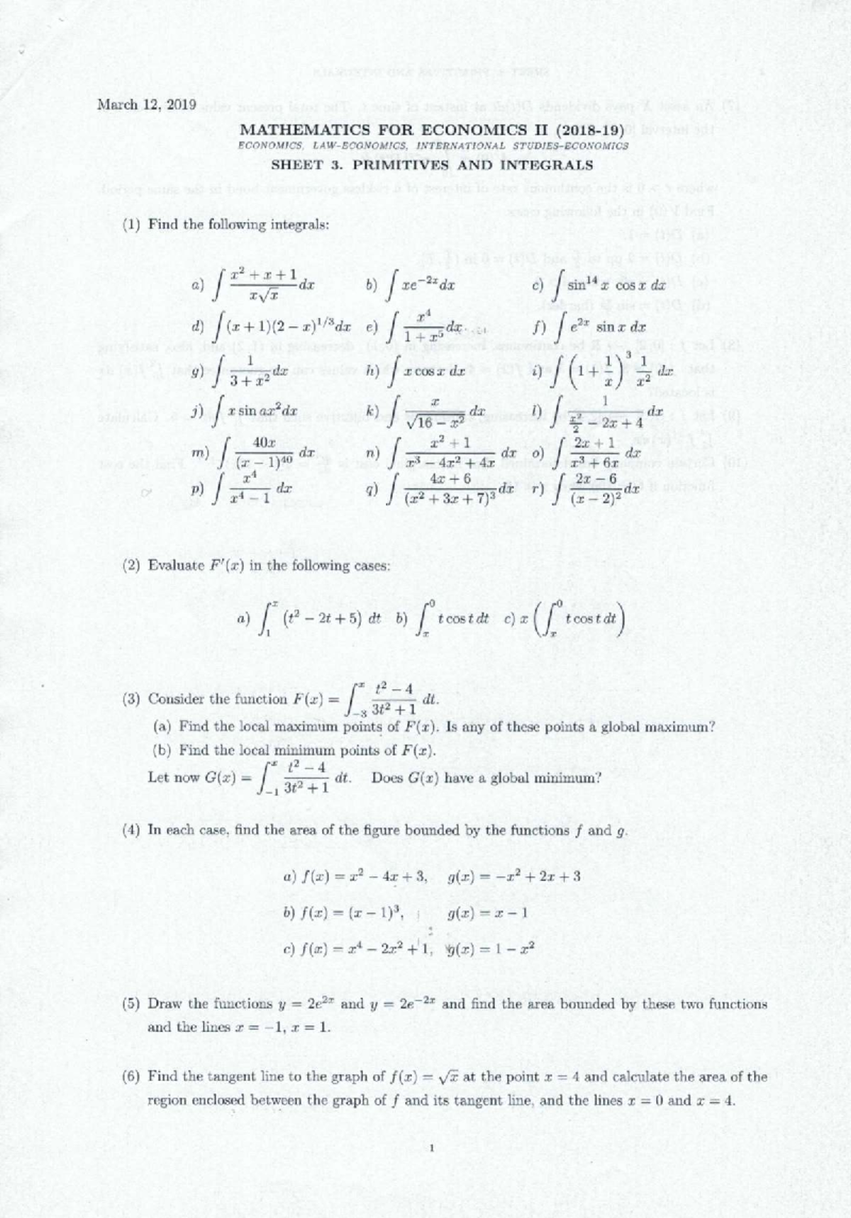 MATHEMATICS FOR ECONOMICS II: SHEET 3 - PRIMITIVES AND INTEGRALS - Studocu