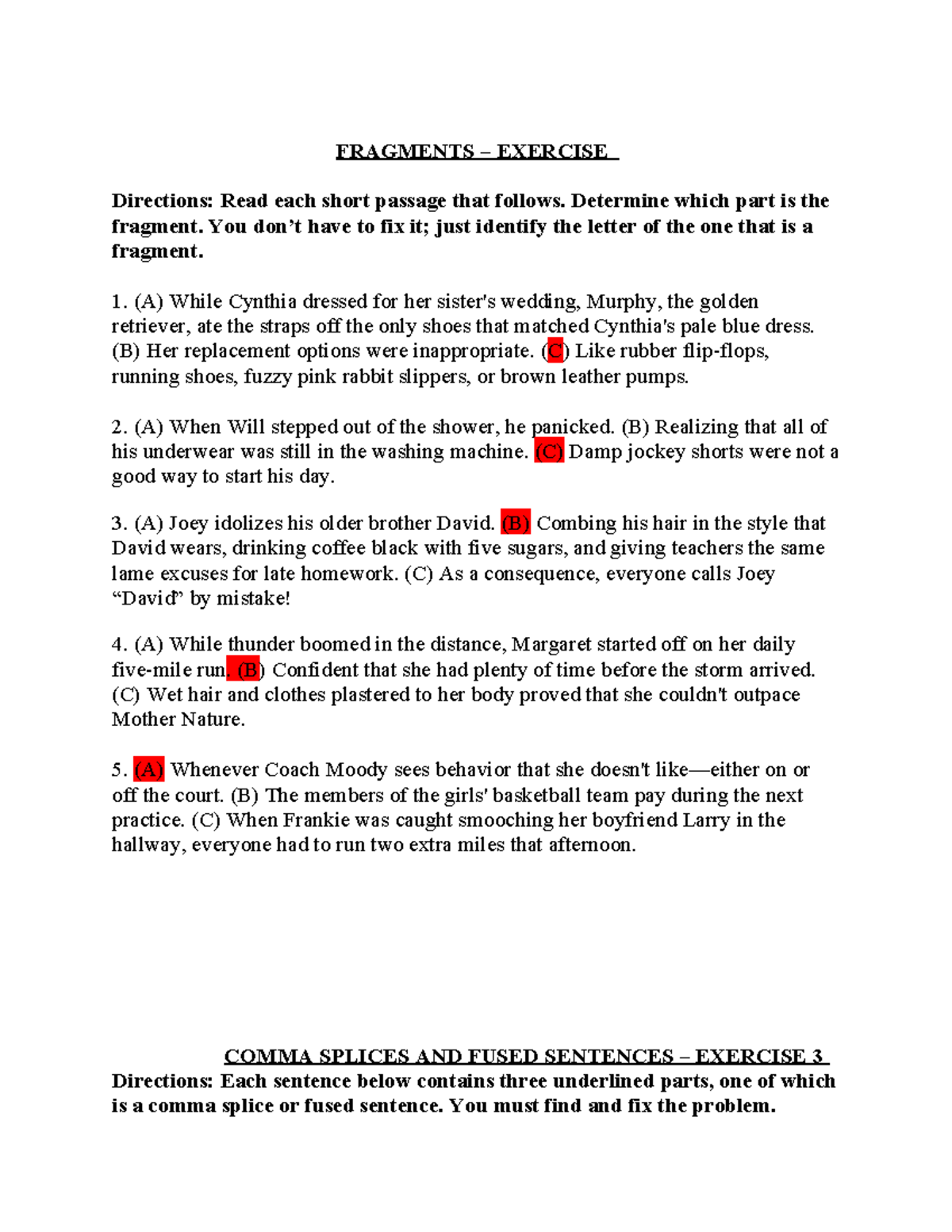 Fragments, Run-ons, and Comma Splices Worksheet - Studocu