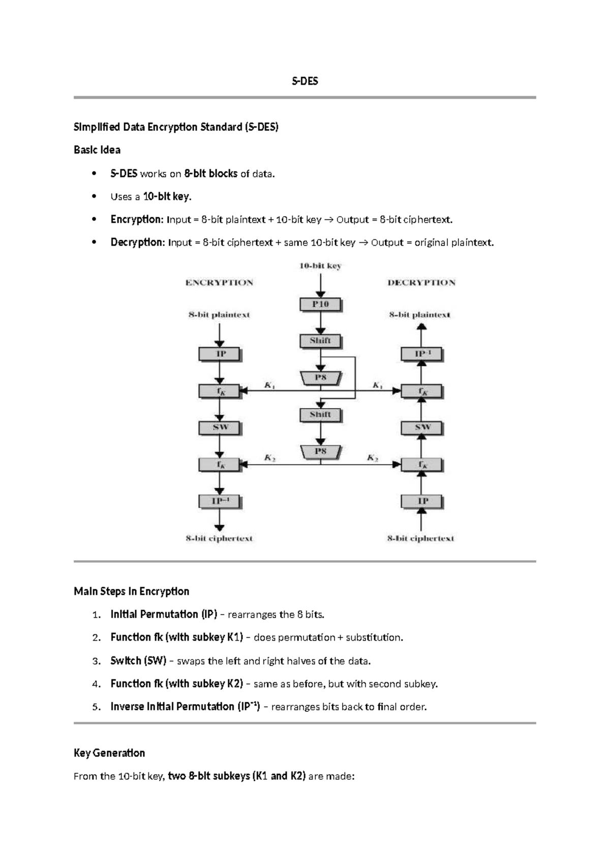 DES Cryptography: Basic Concepts and Key Generation Steps - Studocu