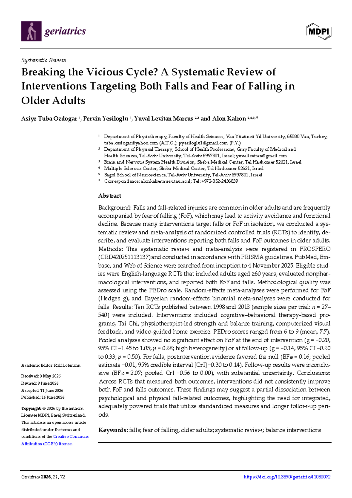 Geriatrics 2026, 11, 72: Systematic Review of Falls and Fear of Falling ...