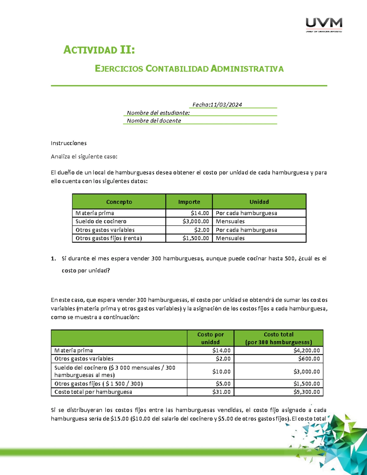 Ejercicios de Contabilidad Administrativa A5: Margen de Contribución ...
