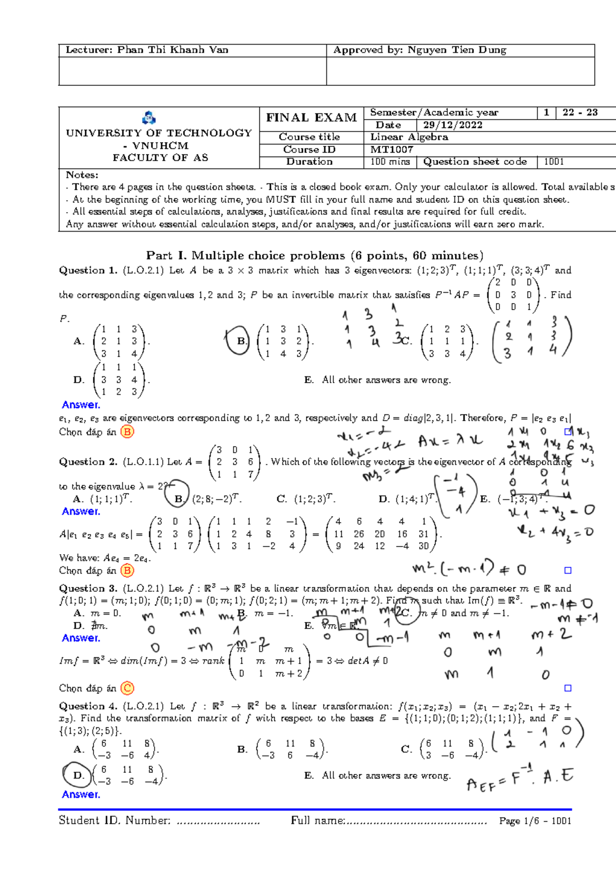 Final Exam MT1007: Linear Algebra Question Sheet - VNUHCM 2023 - Studocu