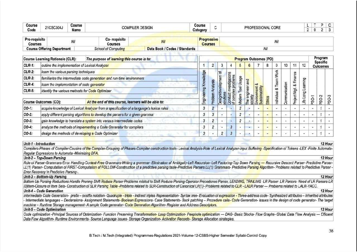 21CSC304J - Compiler Design Syllabus Overview and Course Outcomes - Studocu