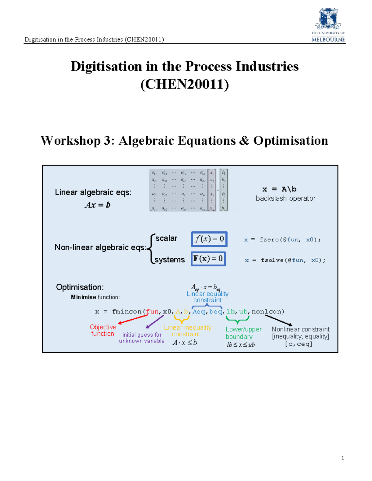 Workshop 3: Optimisation Techniques in Digitisation (CHEN20011) - Studocu