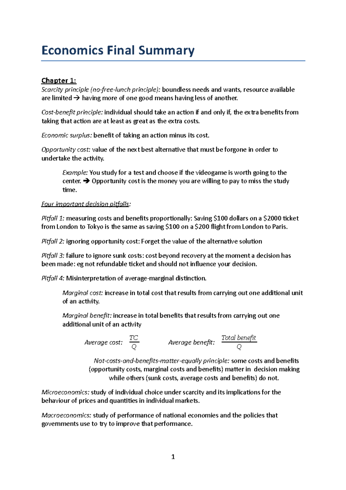 Economics 101 - Comprehensive Summary for Final Exam Preparation ...