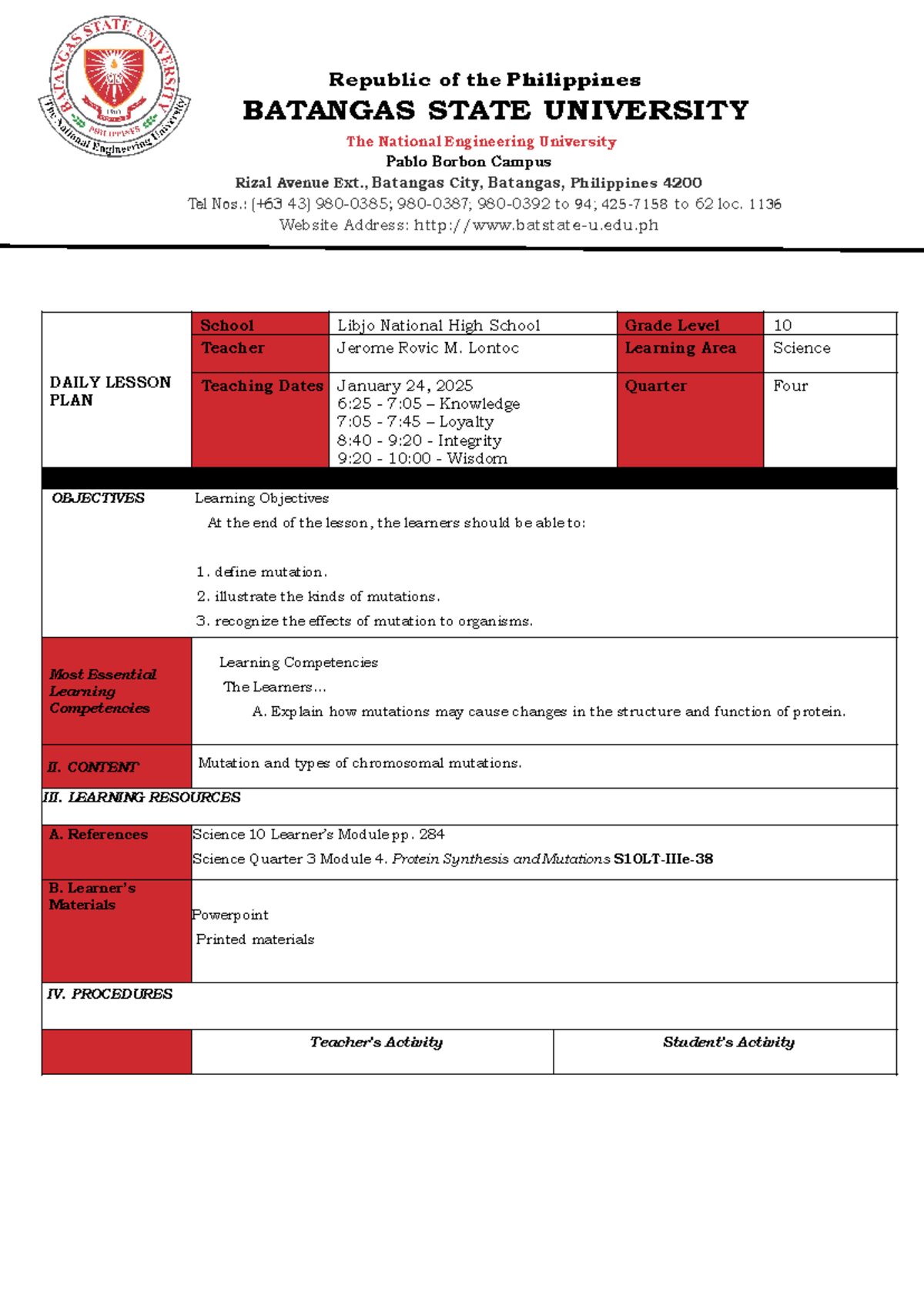 Daily Lesson Plan on Mutations for Grade 10 Science (Quarter 4) - Studocu