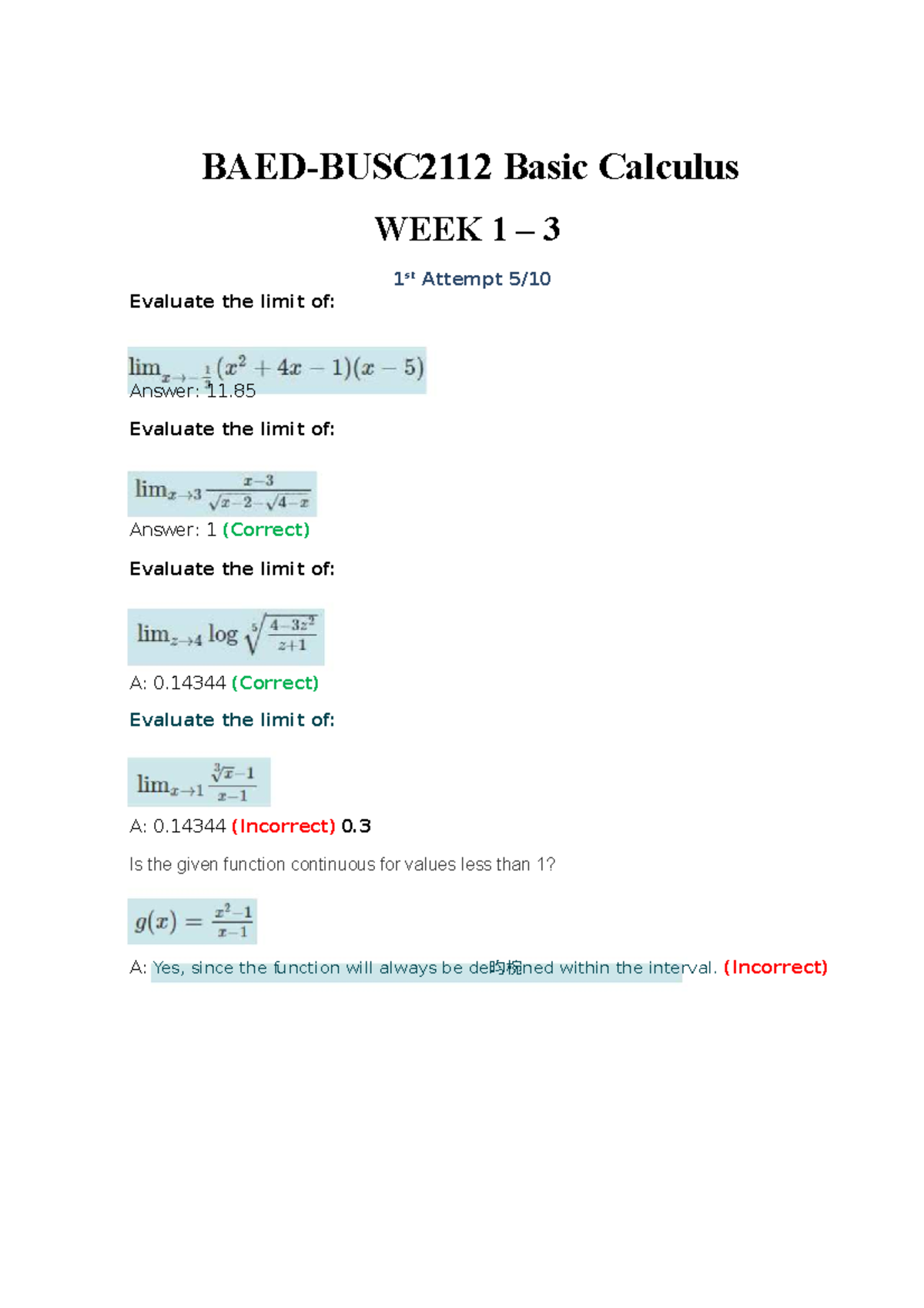 Busc2112 Basic Calculus Week 1 - 10 Attempt Evaluations - Studocu