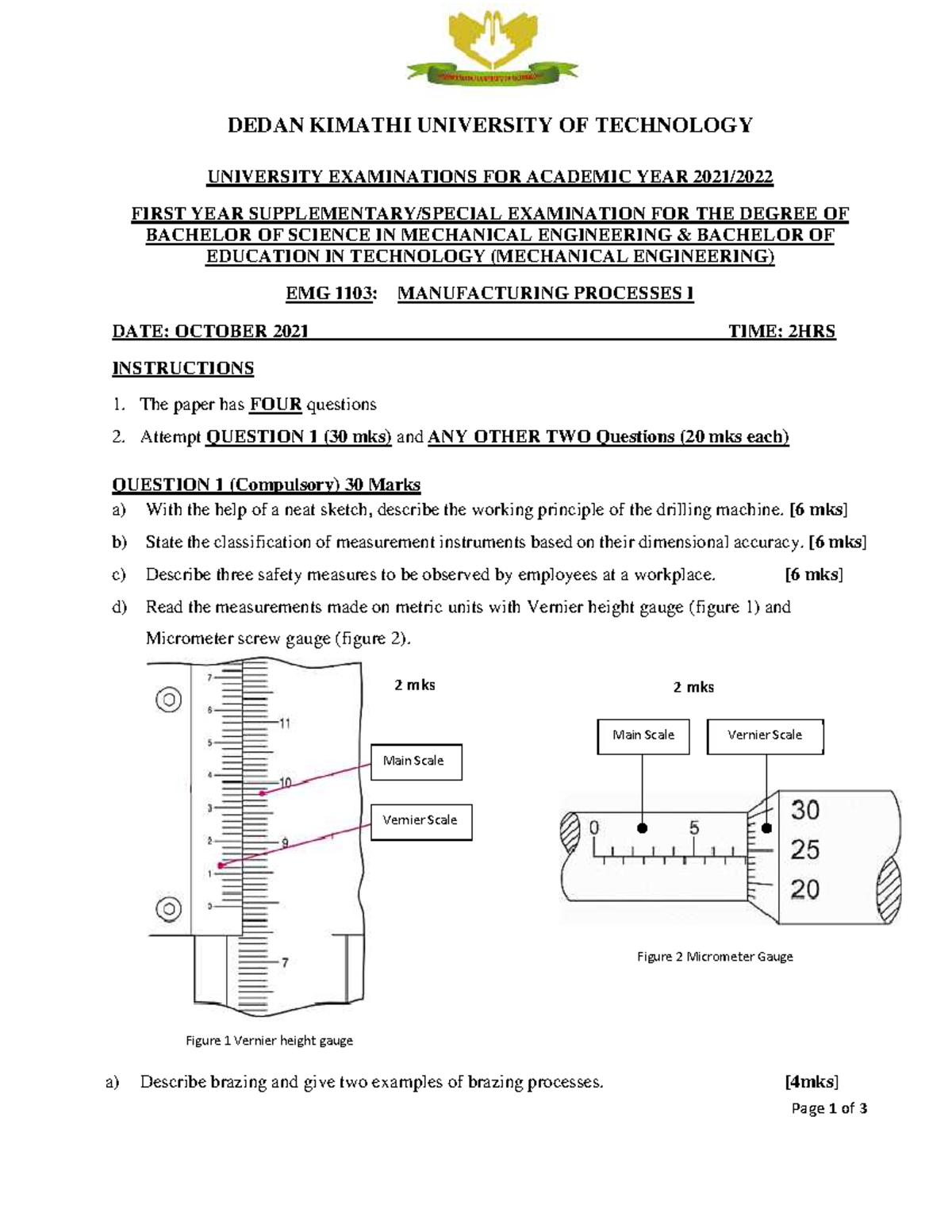 EMG 1103: Manufacturing Processes I Exam Paper - October 2021 - Studocu