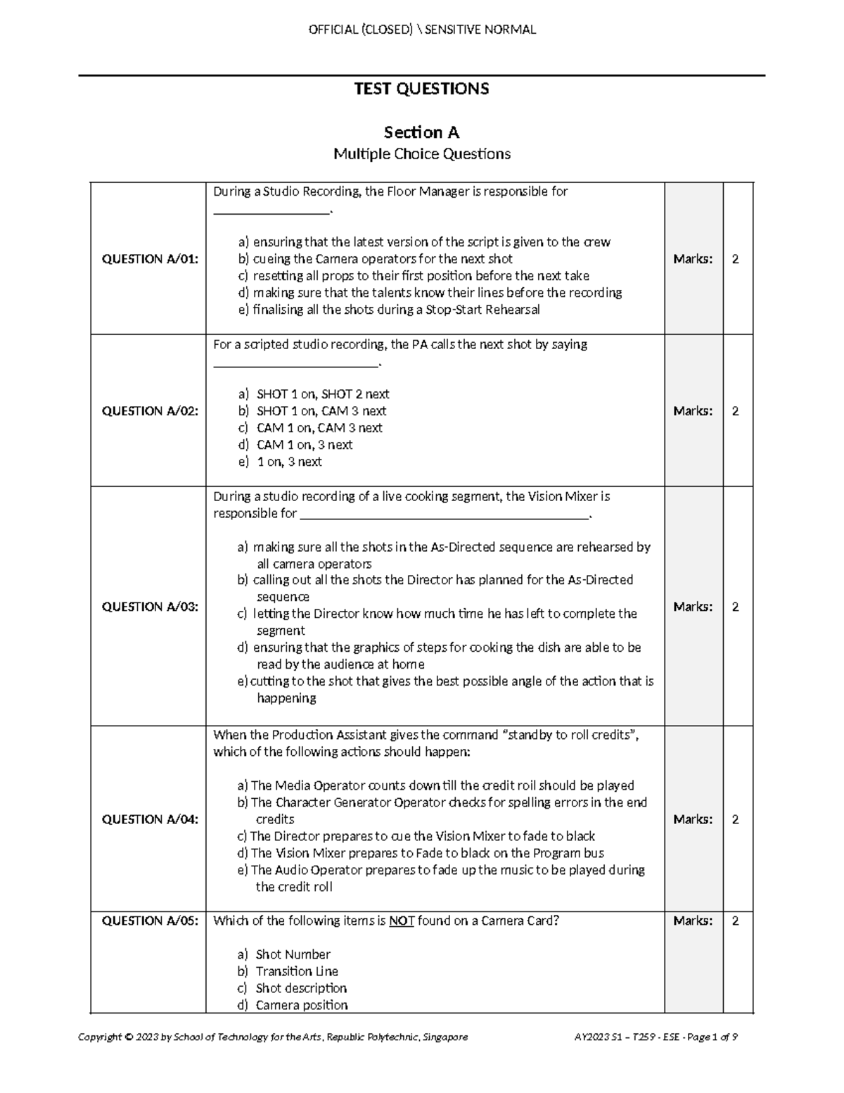 Multicamera Production Test Questions & Answers (Course Code: ESE ...