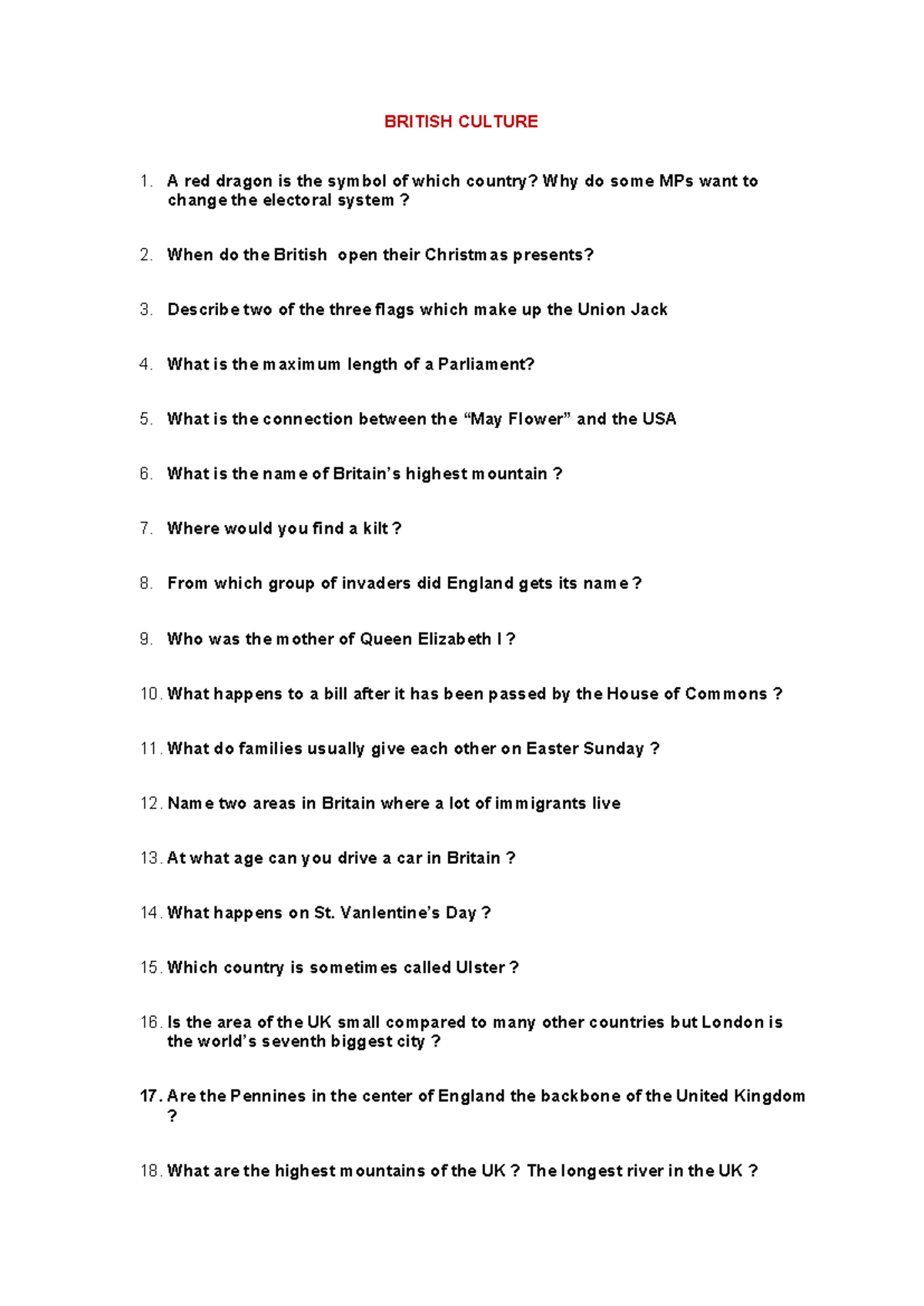Quiz 1: British culture questions and answers - Studocu
