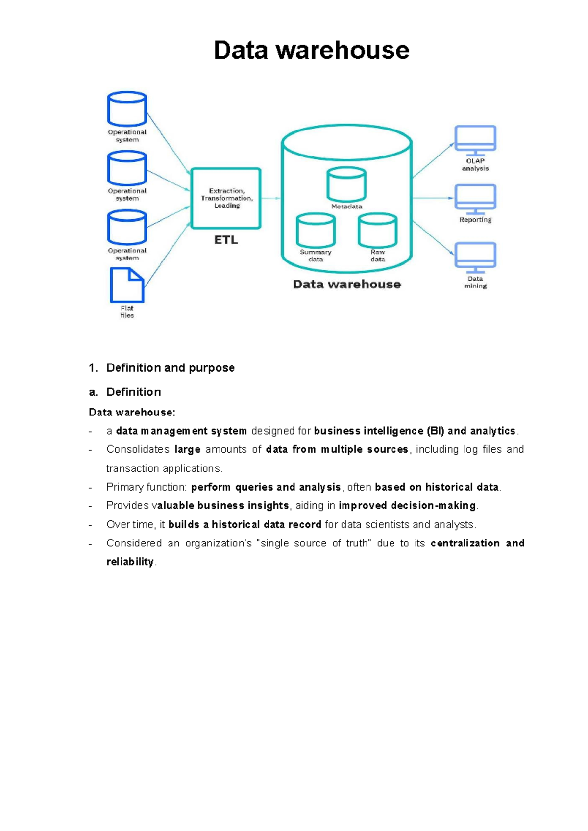 Data warehouse - Just a note - Data warehouse 1. Definition and purpose ...