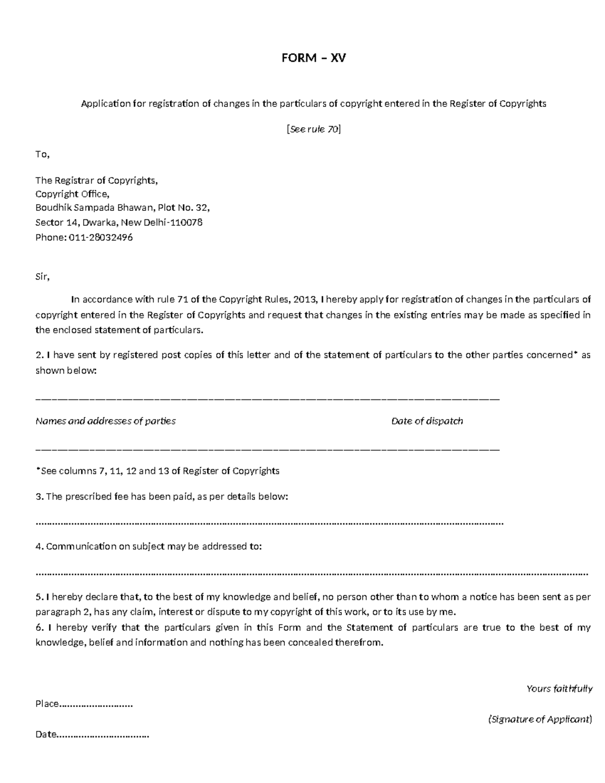 Form XV: Application for Changes in Copyright Registration - Studocu