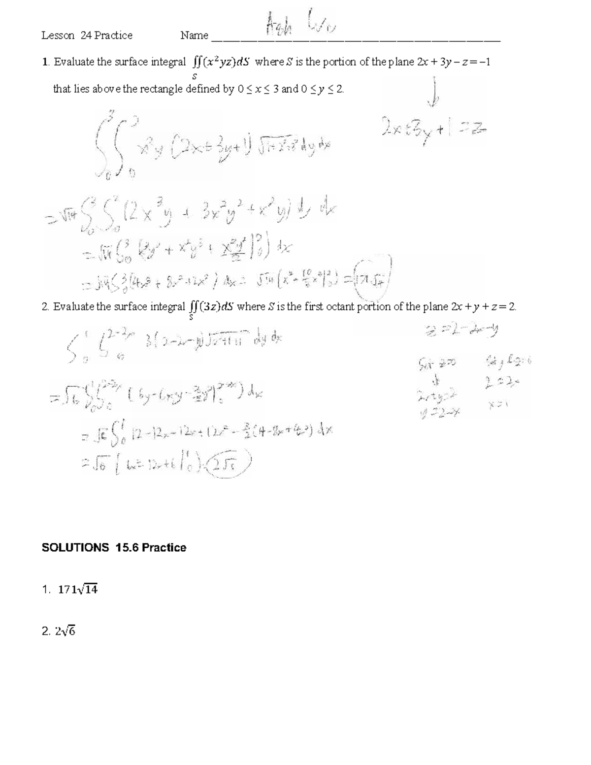 F23 Lesson 24 Surface Integral Practice Exercises - Studocu