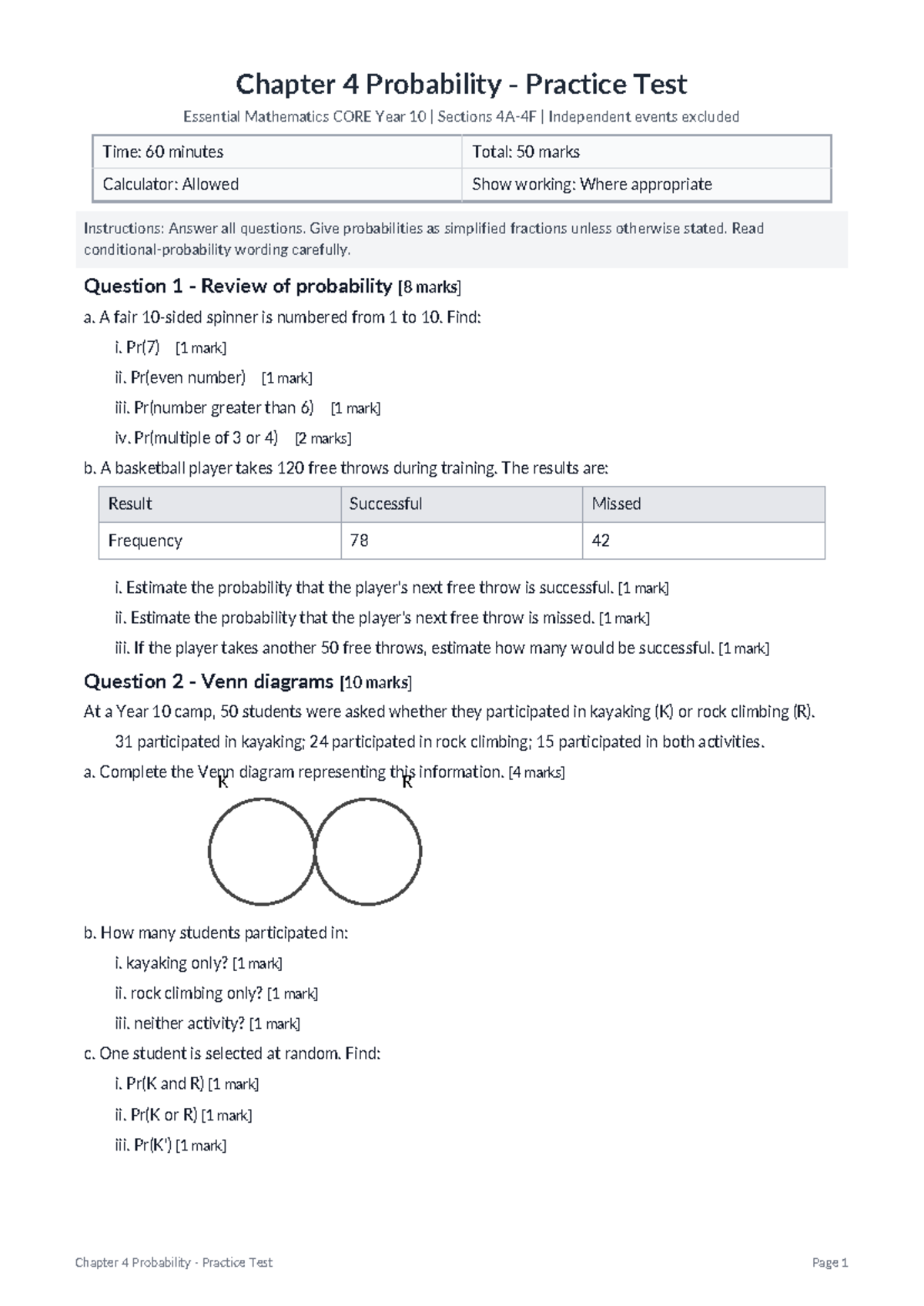 Chapter 4 Probability Practice Test - Essential Mathematics CORE Year ...