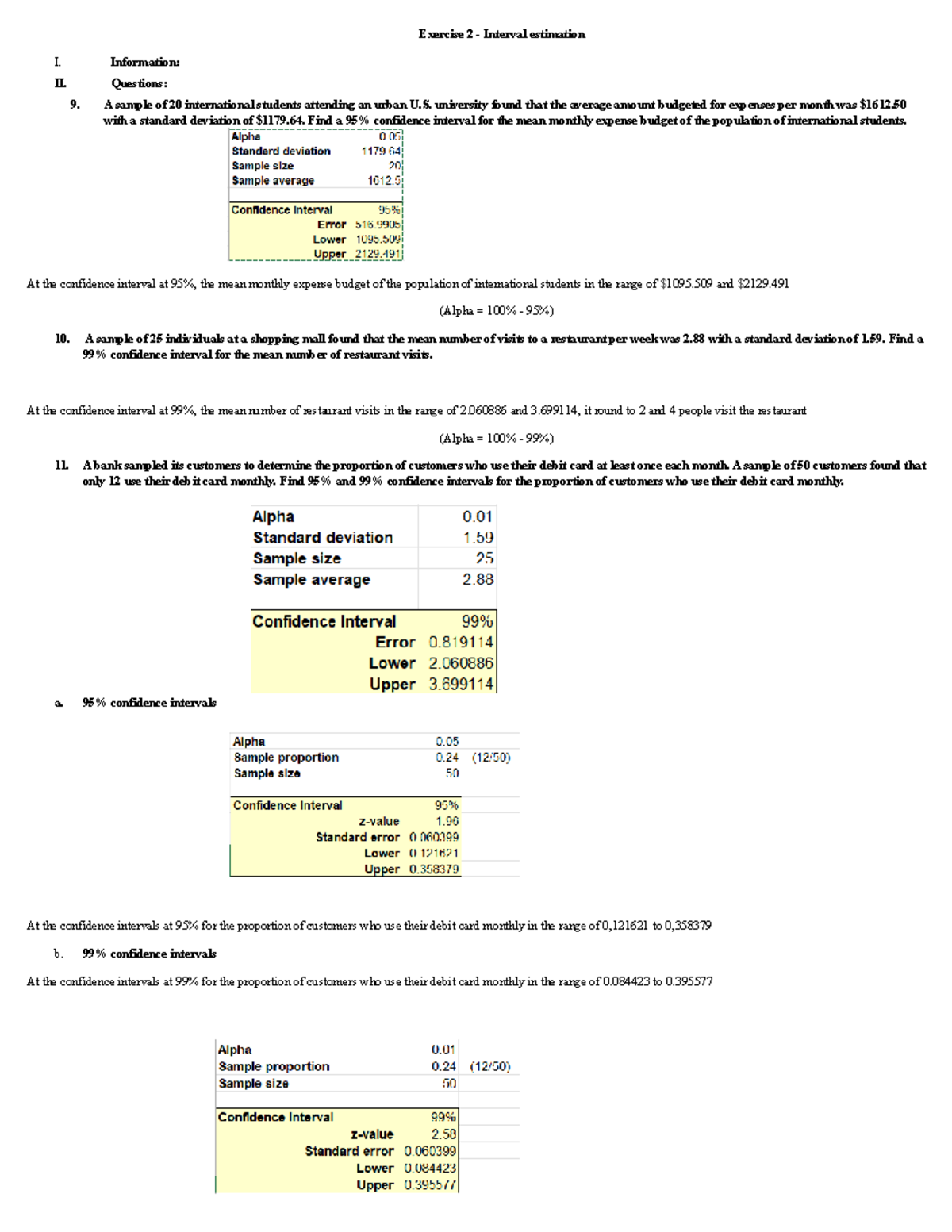 Exercise 2: Confidence Intervals for Mean and Proportions - Studocu