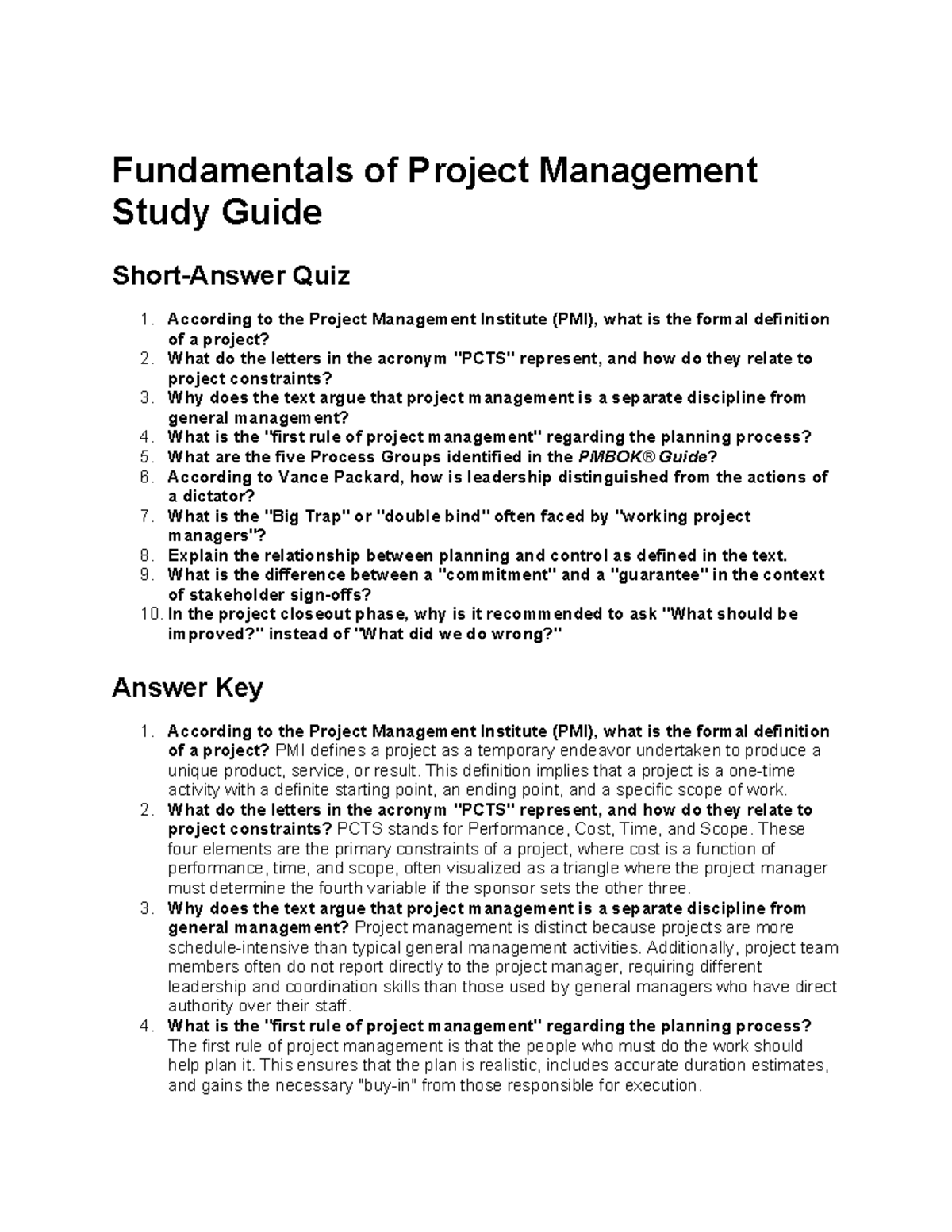 Intro to Project Management Pt 1 Study Guide Quiz 1 - Studocu