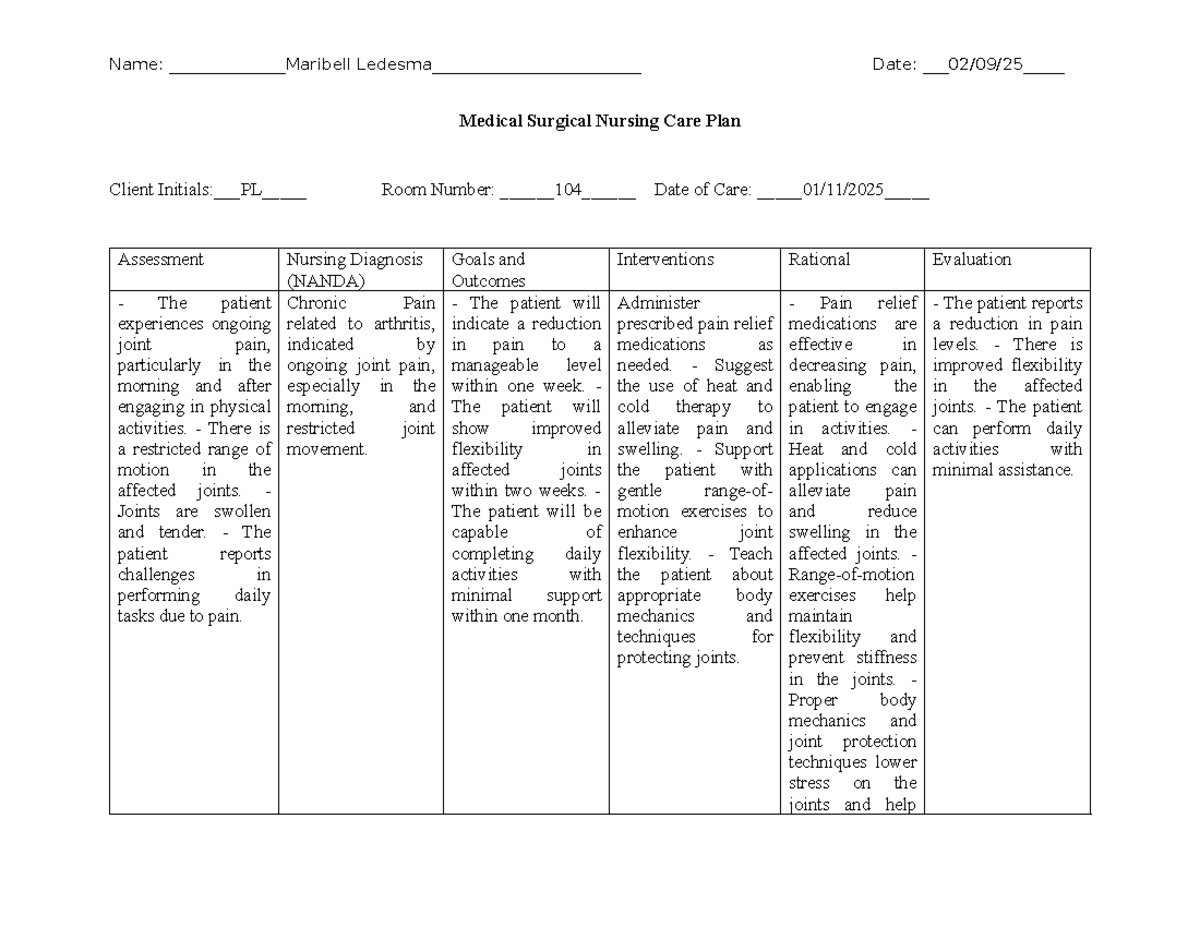 Medical Surgical Nursing Care Plan (NURS 305) - Week 5 Assessment ...