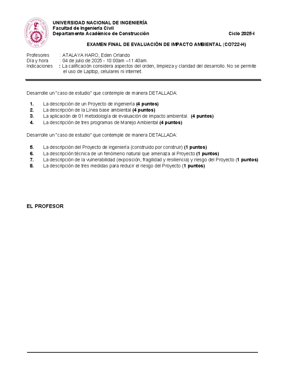 Examen Final CO722H: Evaluación de Impacto Ambiental 2025-1 - Studocu