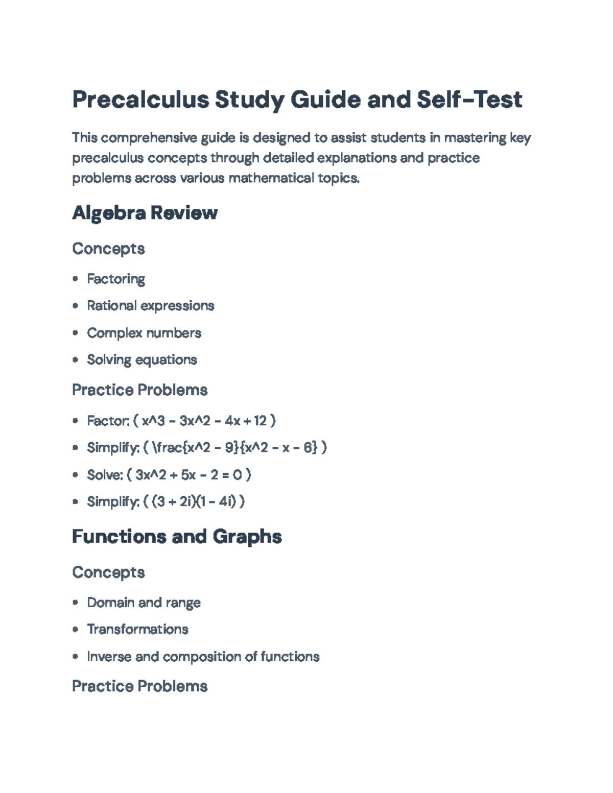 Precalculus Study Guide: Key Concepts and Practice Problems ...
