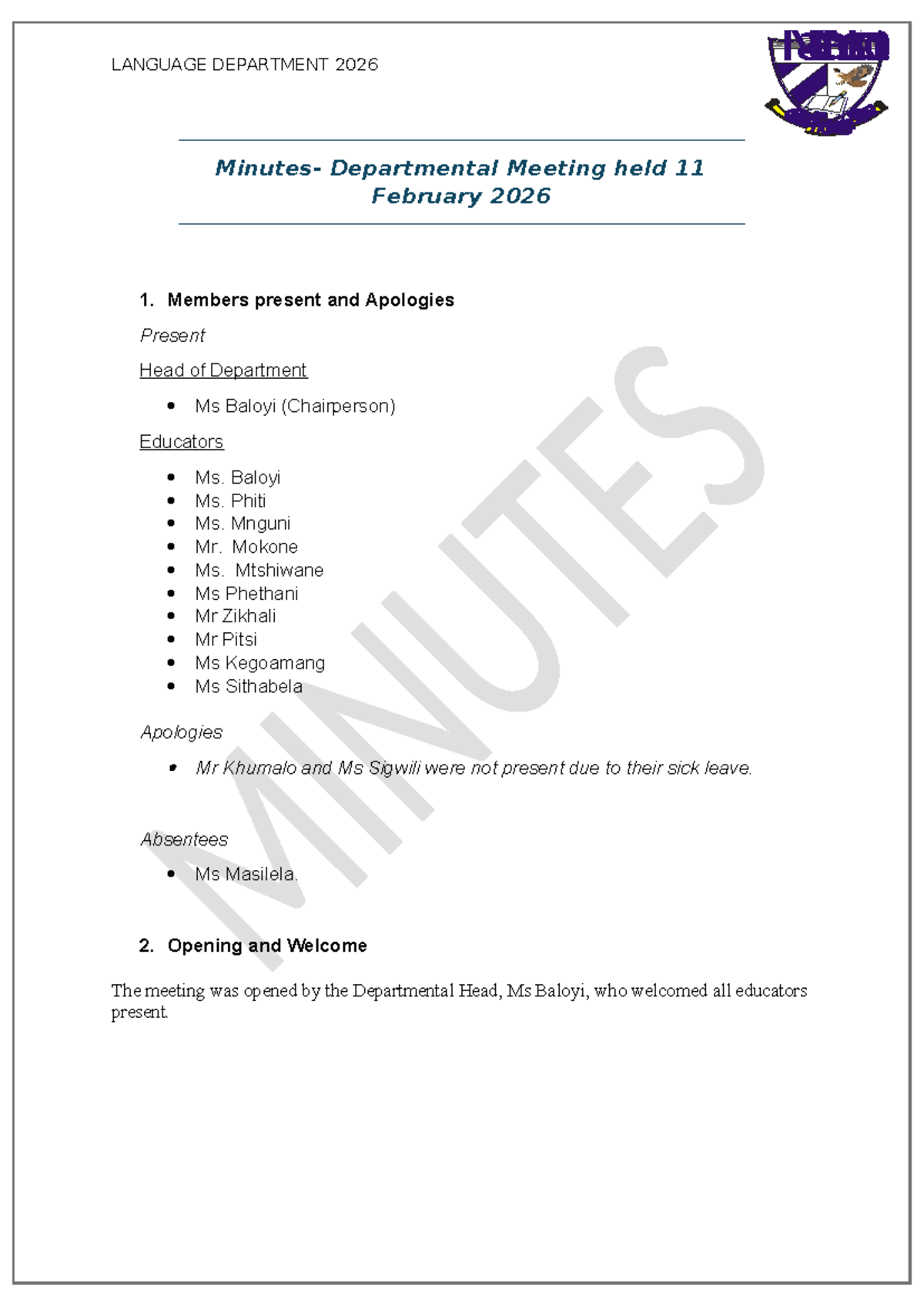 LANGUAGE DEPARTMENT 2026 Meeting Minutes - 11 Feb 2026 - Studocu