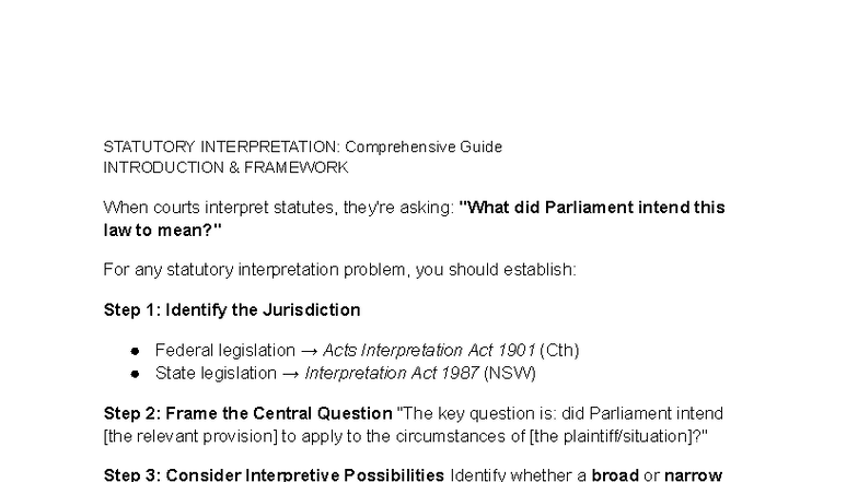 STATUTORY INTERPRETATION (LAW101): Comprehensive Framework Guide - Studocu