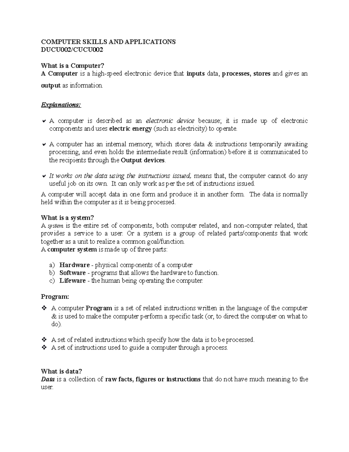 Short Computer unit notes DUCU/CUCU 002 - COMPUTER SKILLS AND ...