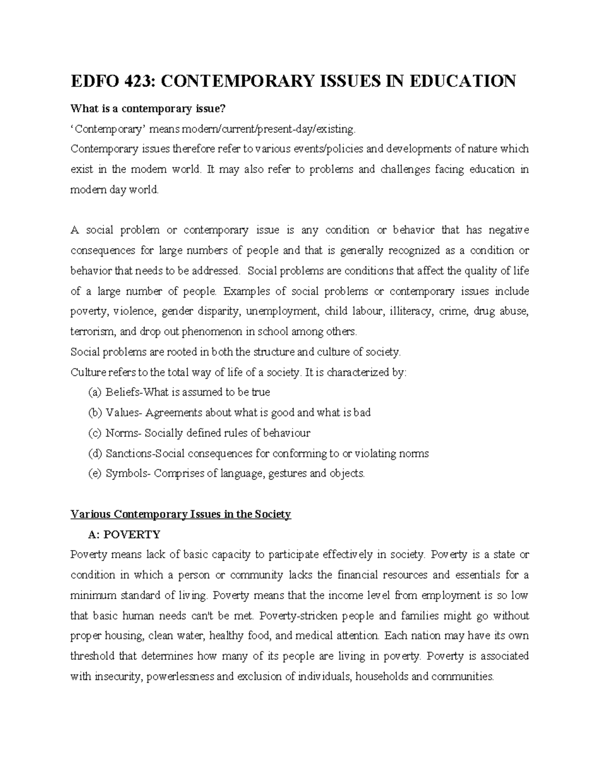 EDFO 423: Contemporary Issues in Education - Lecture Notes - Studocu
