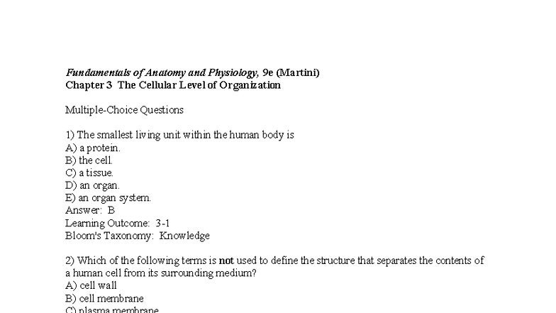 Anatomy & Physiology 9e (Martini) Chapter 3: Cellular Organization Q&A ...