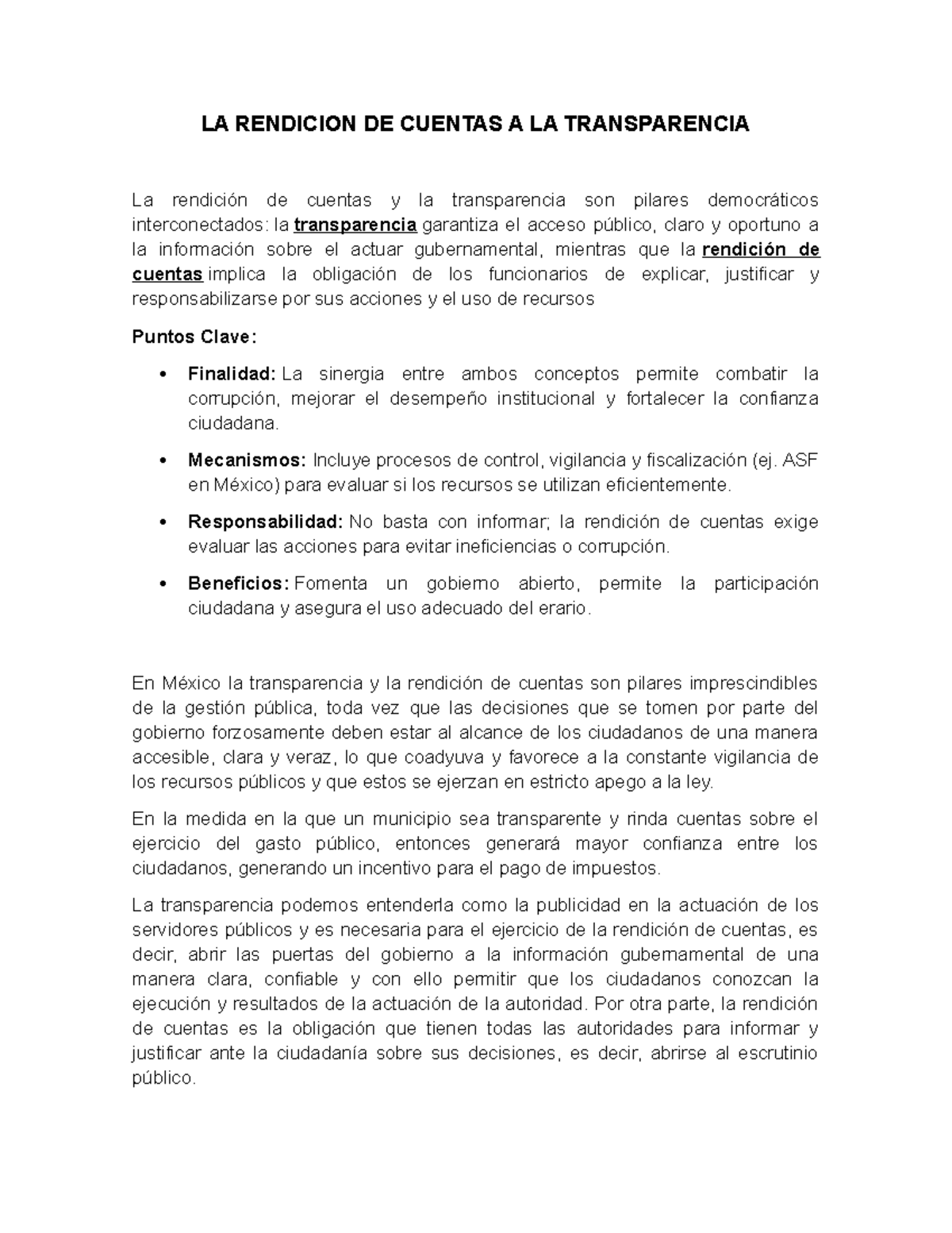 LA RENDICION DE CUENTAS Y TRANSPARENCIA EN LA GESTION PÚBLICA - Studocu