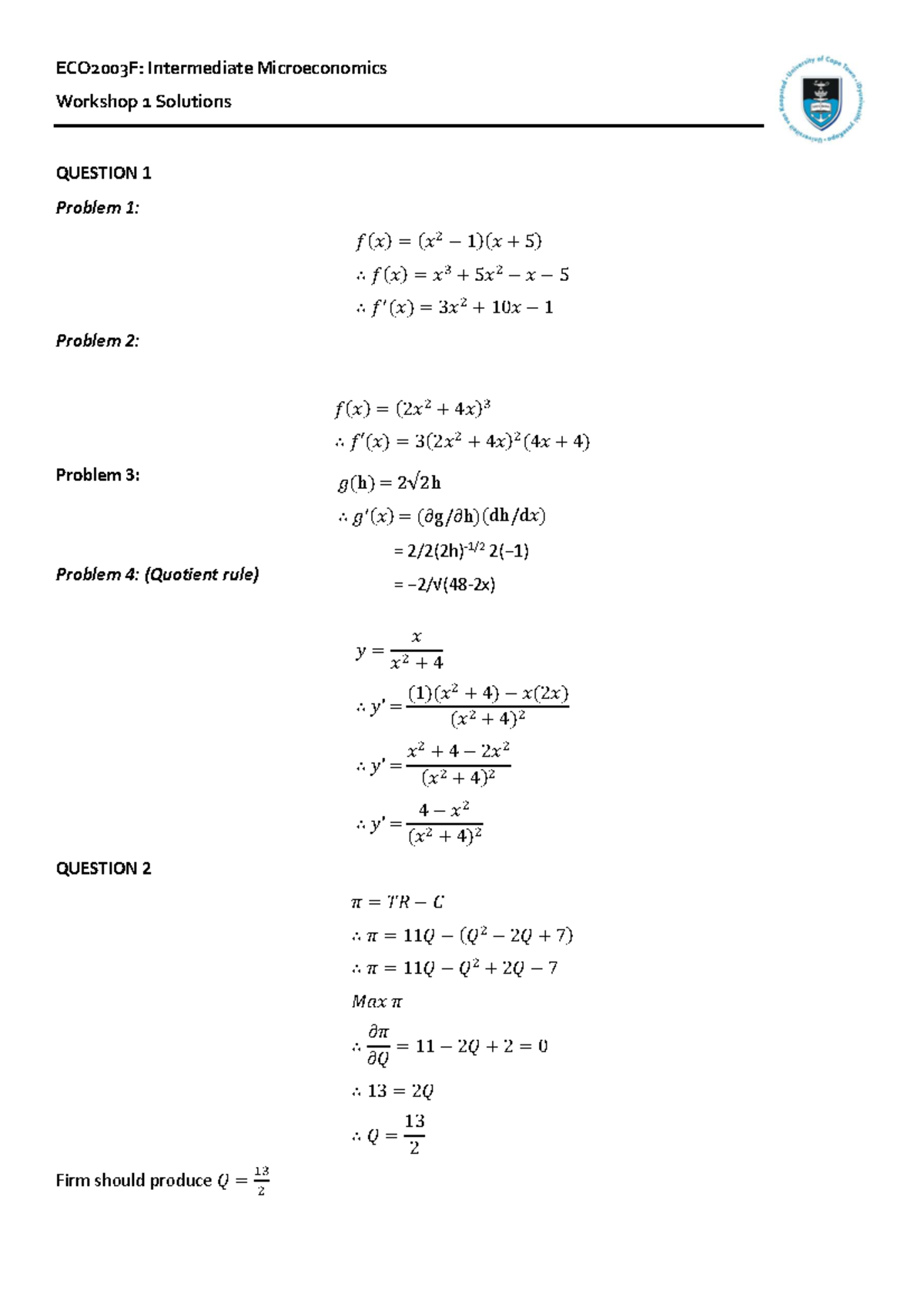 ECO2003F: Intermediate Microeconomics Workshop 1 Solutions - Studocu