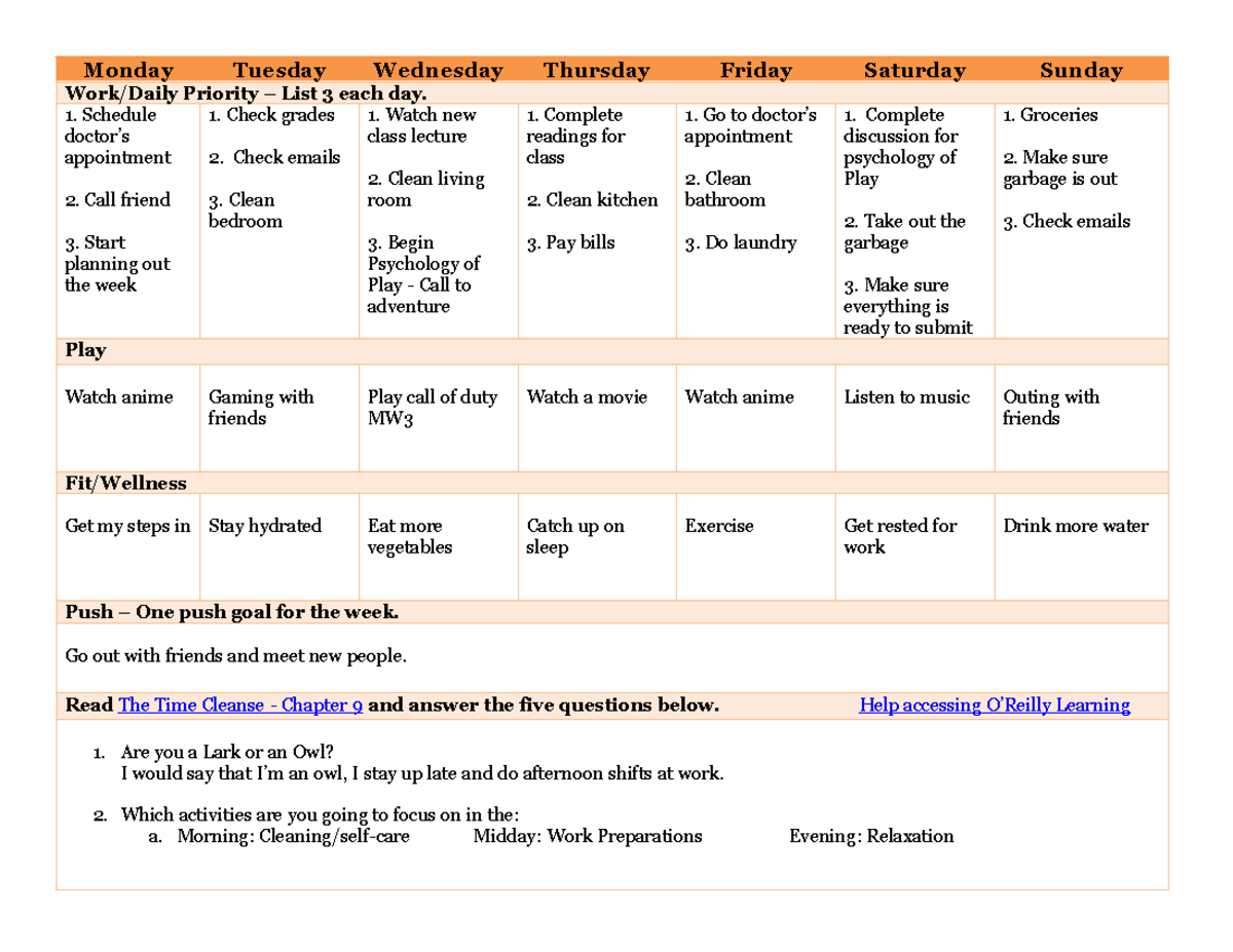 Weekly Plan - week 1 - Monday Tuesday Wednesday Thursday Friday ...