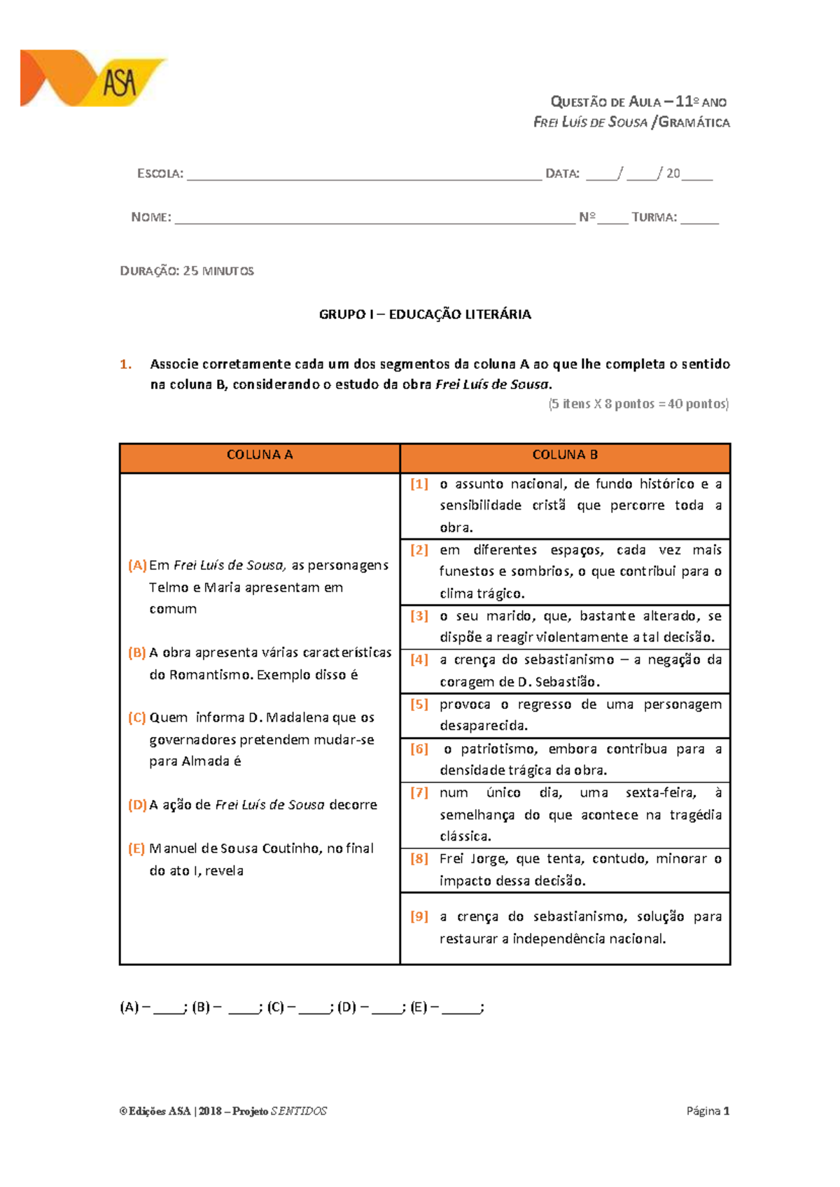 Frei Luís de Sousa (ASA) - Questões de Aula e Análise Gramatical - Document Preview
