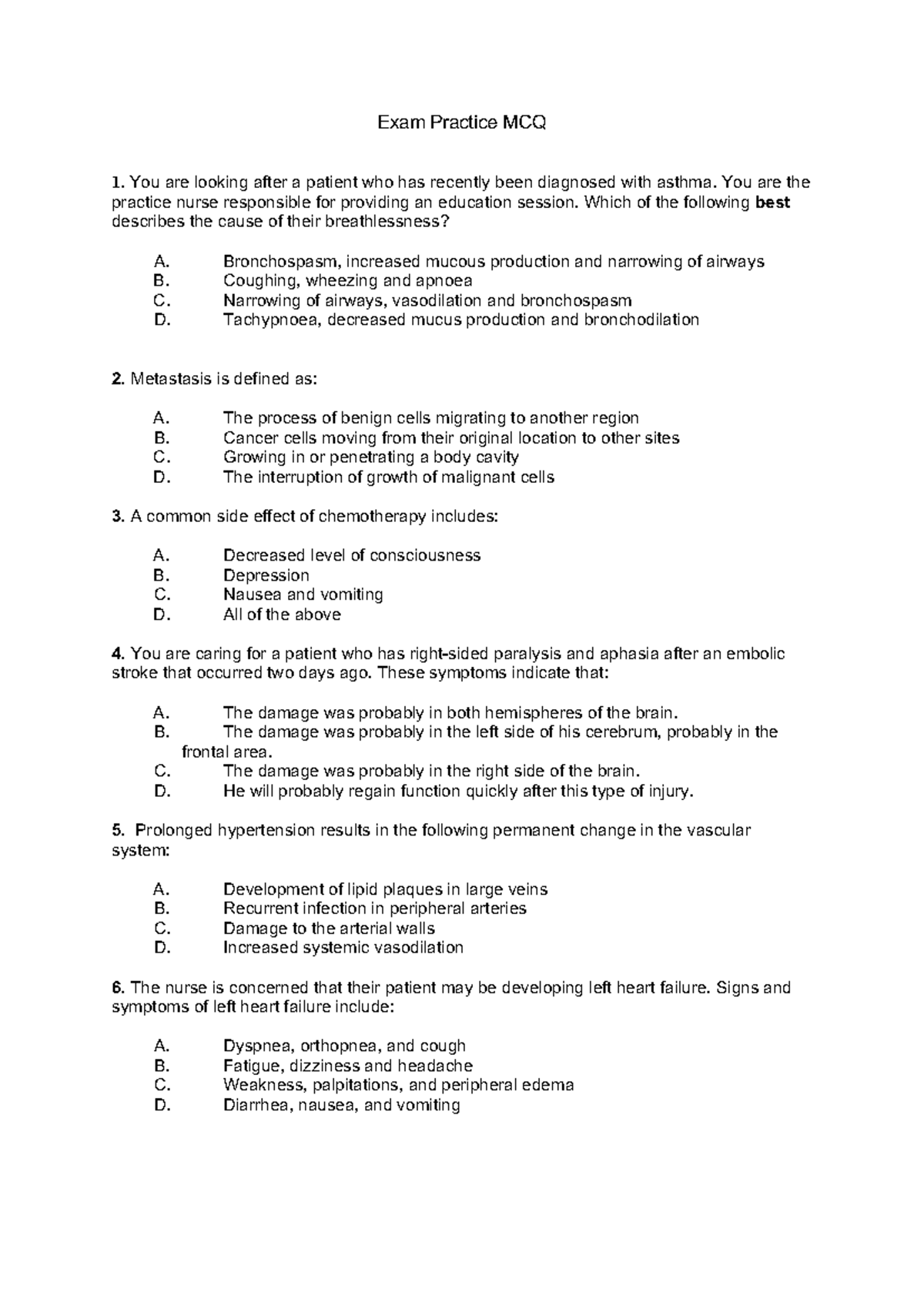MCQ Practice Questions for Nursing Exam Preparation - Studocu
