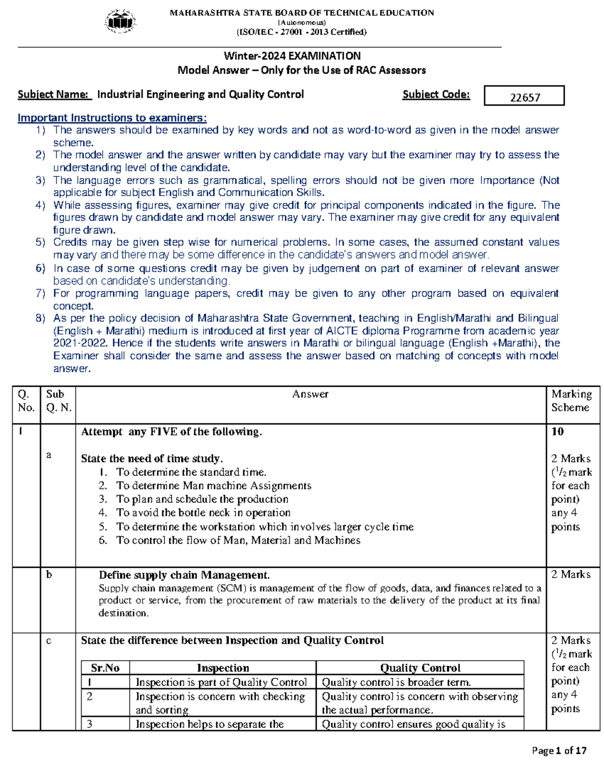 Model Answer for Industrial Engineering and Quality Control (22657 ...
