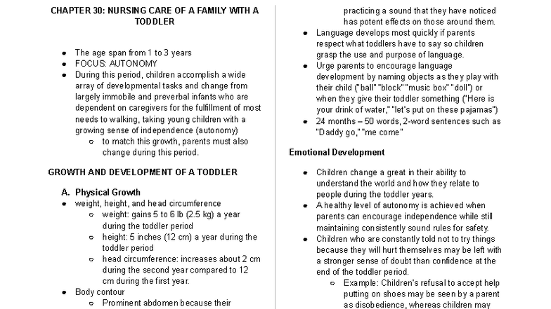 CHAPTER 30: NURSING CARE FOR TODDLERS (1-3 YRS) - AUTONOMY FOCUS - Studocu