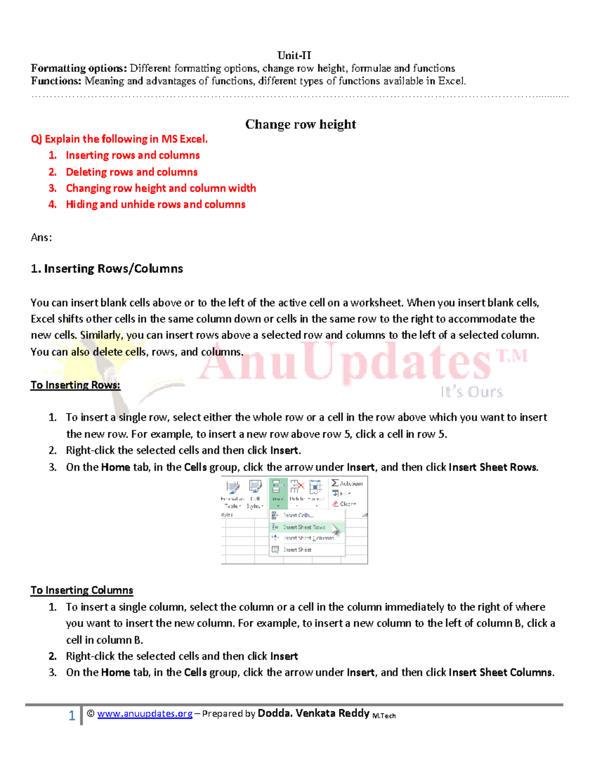 M.Tech Excel Formatting Options & Functions Overview: Unit II Notes ...