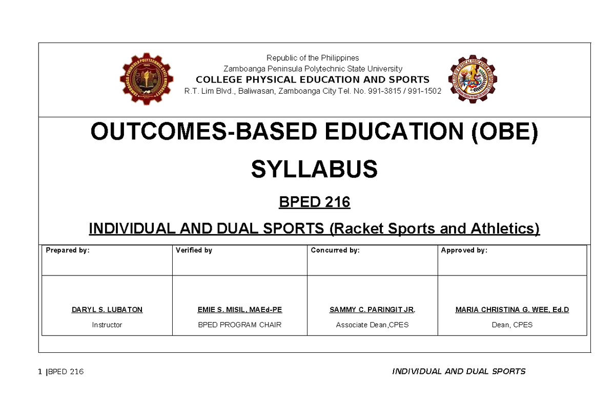 BPED 216 Syllabus: Individual and Dual Sports Overview - Studocu
