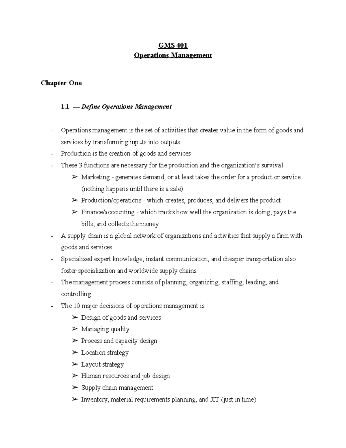 GMS 401 Operations management chapter one overview and key concepts ...