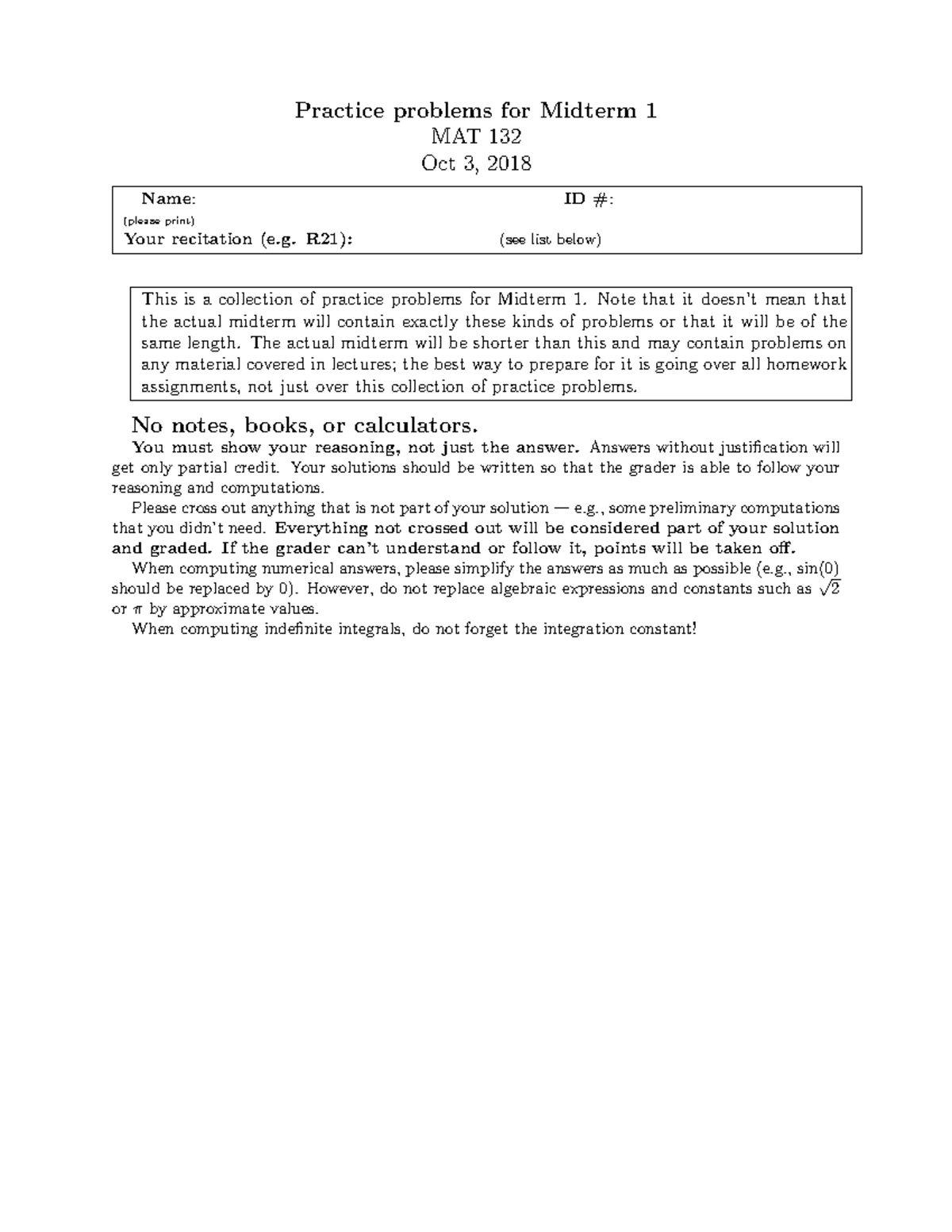 Midterm 1 Practice Problems for MAT 132 - Oct 3, 2018 - Studocu