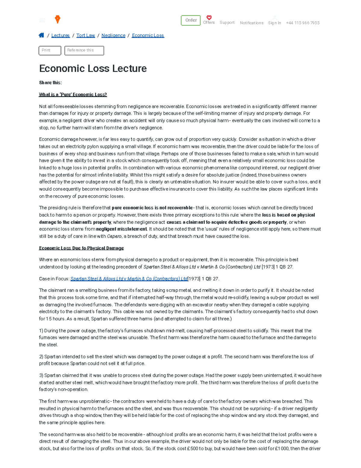Economic Loss Lecture - Tort Law Overview (Negligence Focus) - Studocu