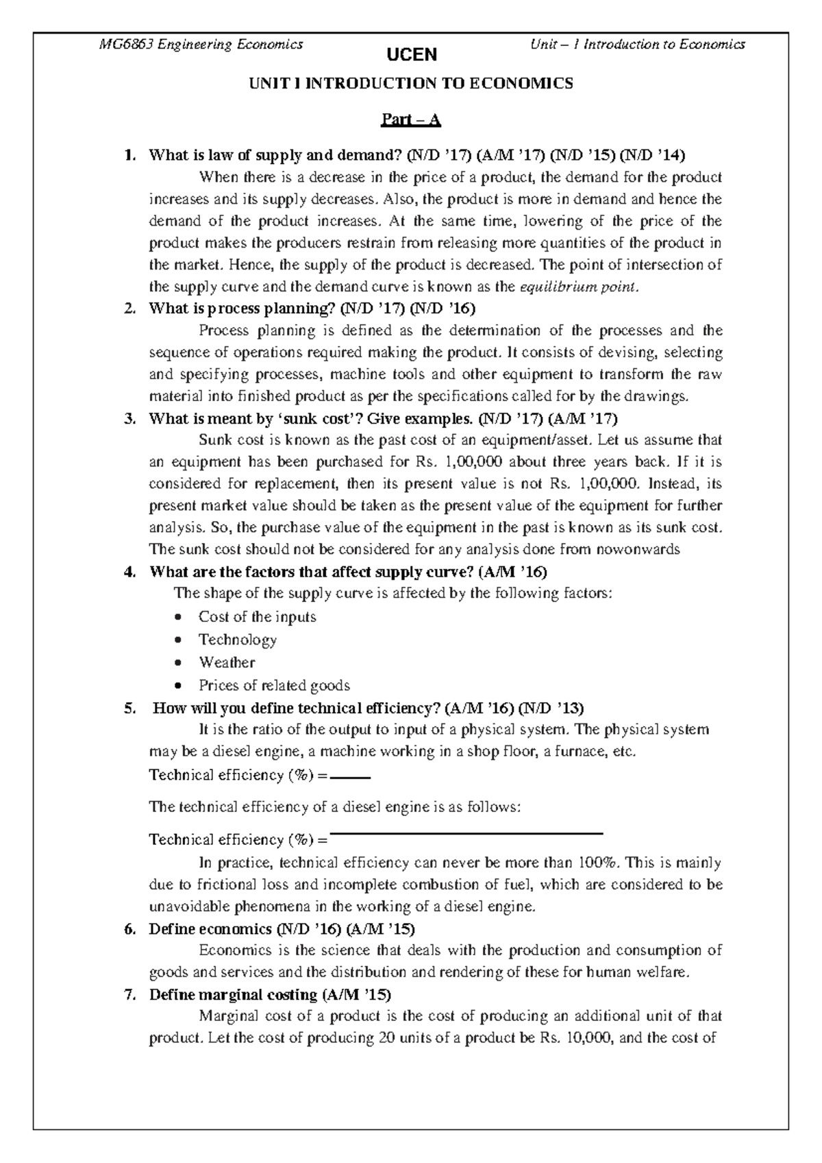 MG6863 Engineering Economics Unit 1: Key Concepts and Principles - Studocu