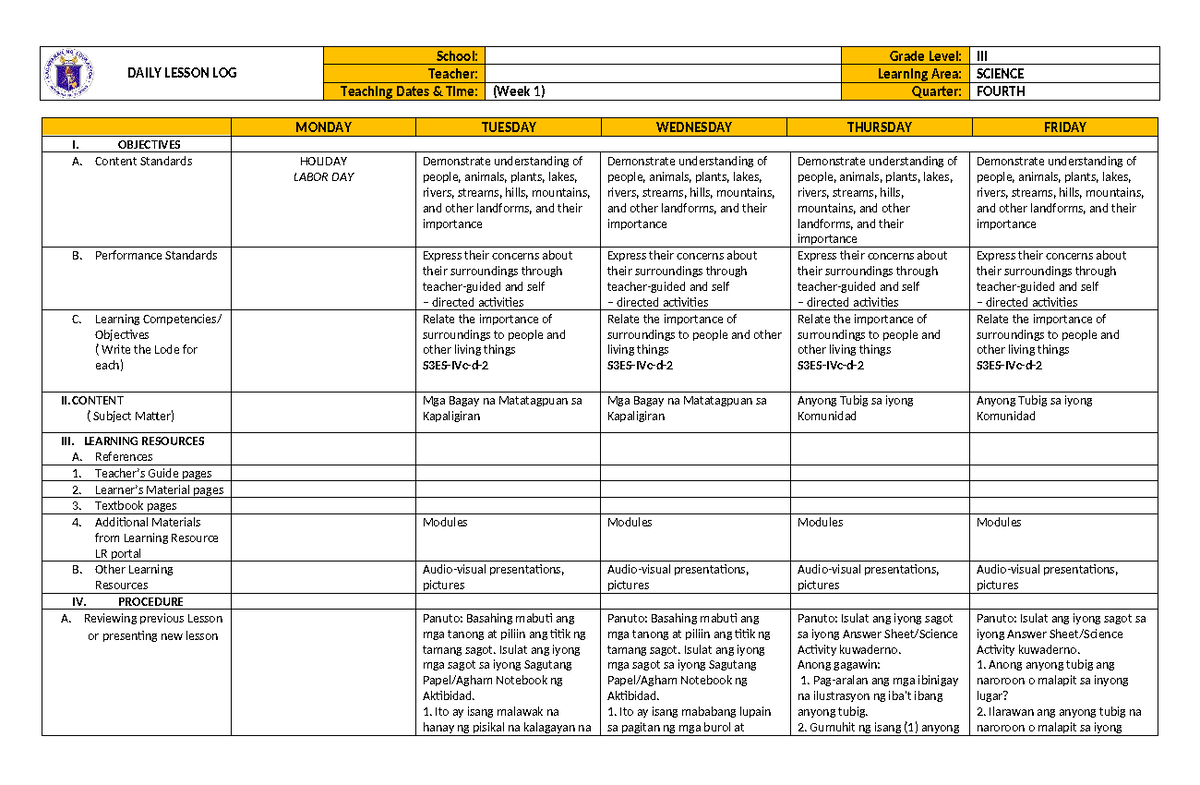 Q4 Science DLL WEEK 1 - DAILY LESSON LOG School: Grade Level: III ...