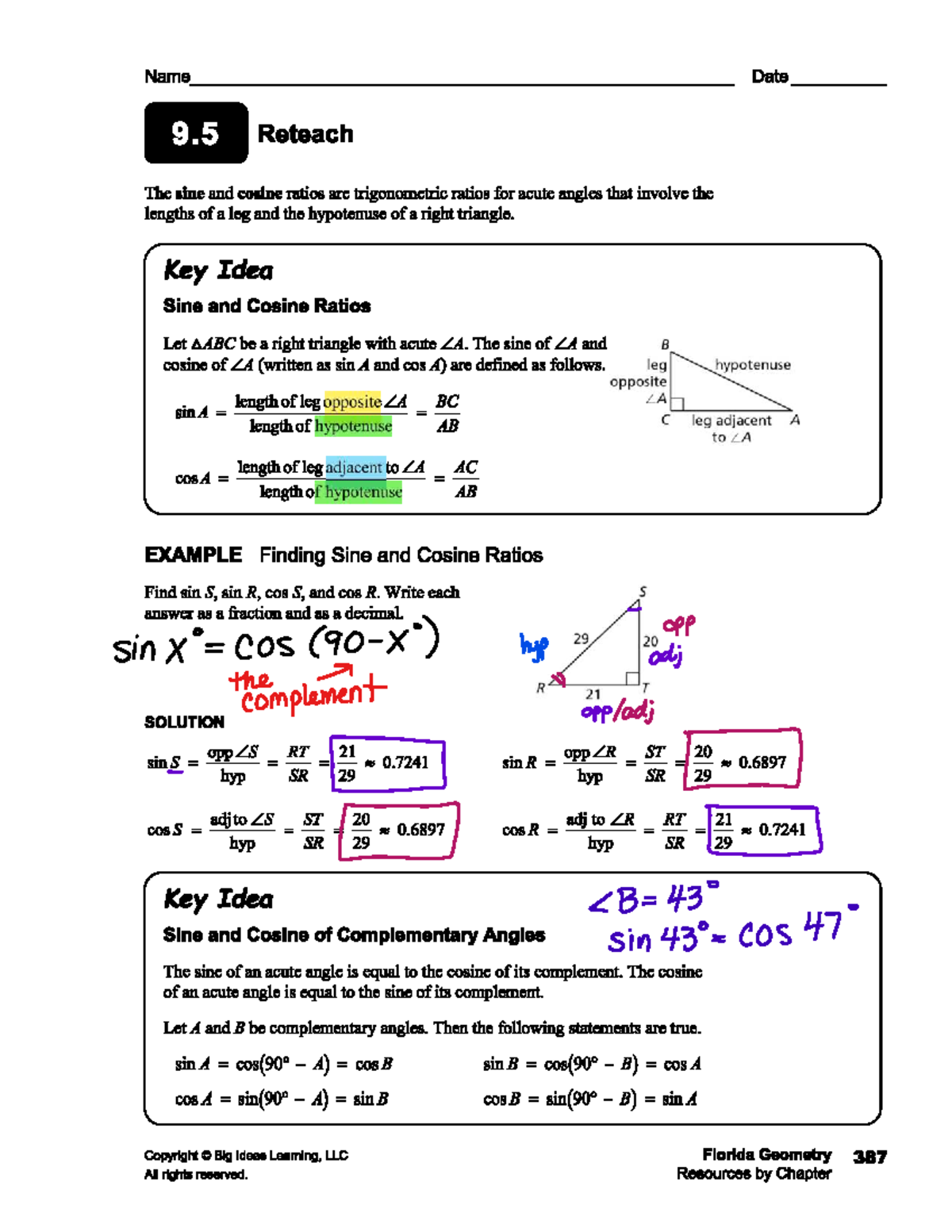 Geometry 9.5 Reteach: Sine & Cosine Ratios Explained - Studocu