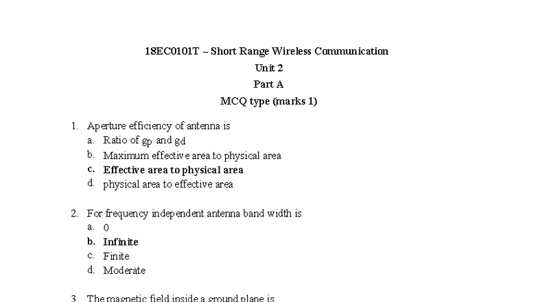 18EC0101T Short Range Wireless Communication Unit 2 Quiz Notes - Studocu